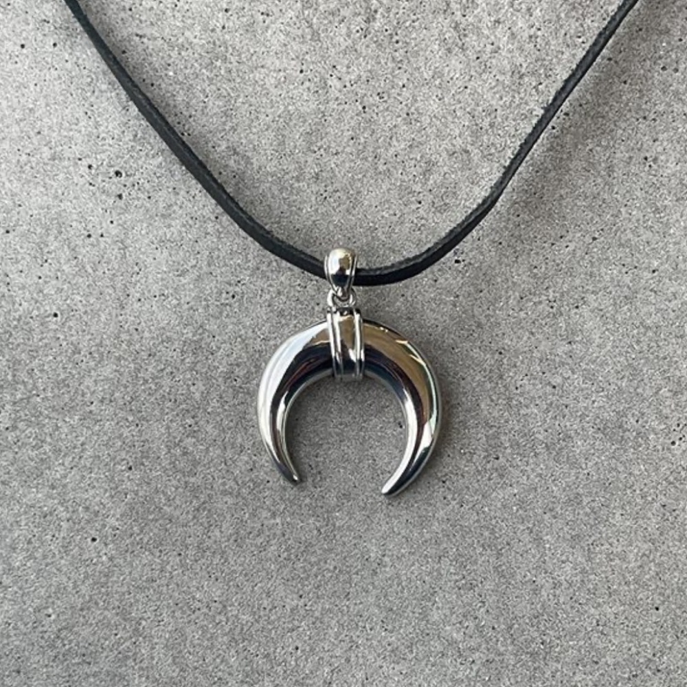 Caroline Neron Black Leather Necklace with Silver Crescent Pendant - Picture 3 of 4